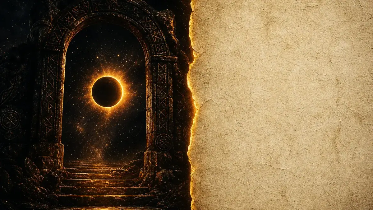 Rune-carved stone portal opening into an amber eclipse beside vellum